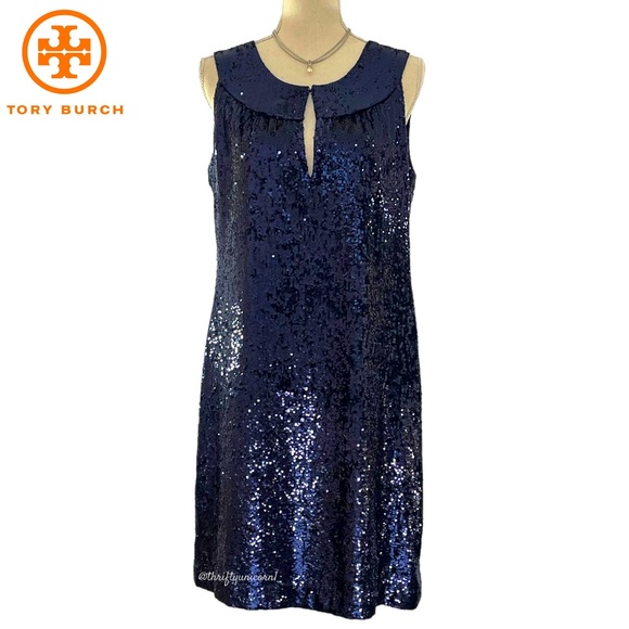Tory Burch Kylie Silk Sequined Navy Blue Sheath Dress ~ Size 10 - Picture 5 of 9